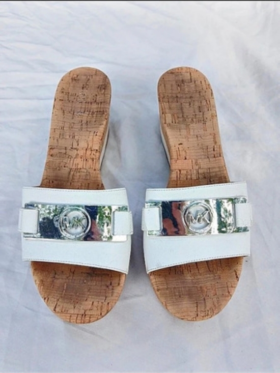 Michael Kors Shoes - Michael Kors Warren Platform Cork Wedge Slide Sandal White & Brown